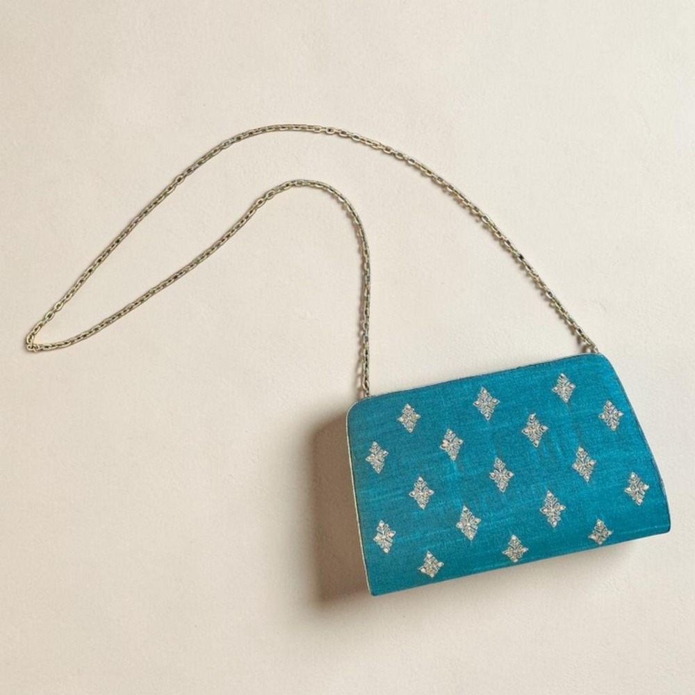 Fabindia Teal Hand Embroidered Clutch Evening Bag